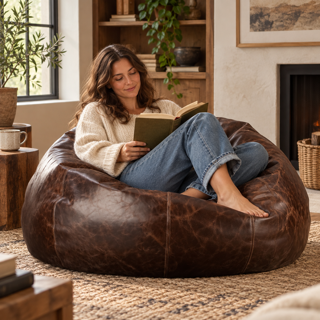 Grand Distressed Leather Bean Bag Chair - Brown