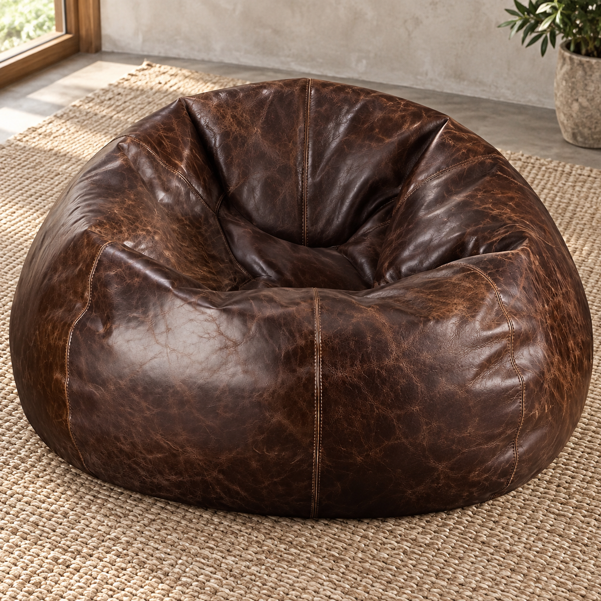Grand Distressed Leather Bean Bag Chair - Brown