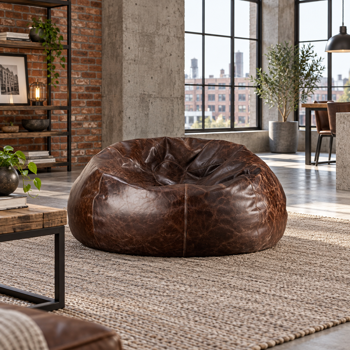Grand Distressed Leather Bean Bag Chair - Brown