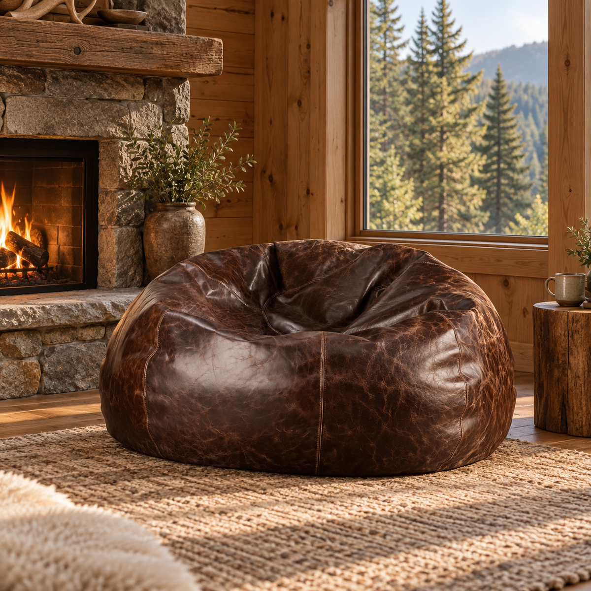 Grand Distressed Leather Bean Bag Chair - Brown