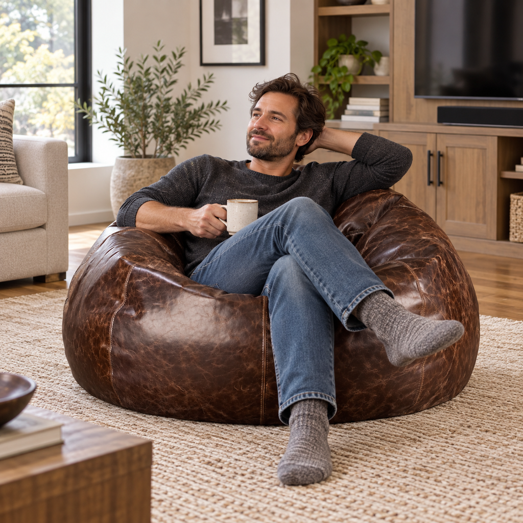 Grand Distressed Leather Bean Bag Chair - Brown