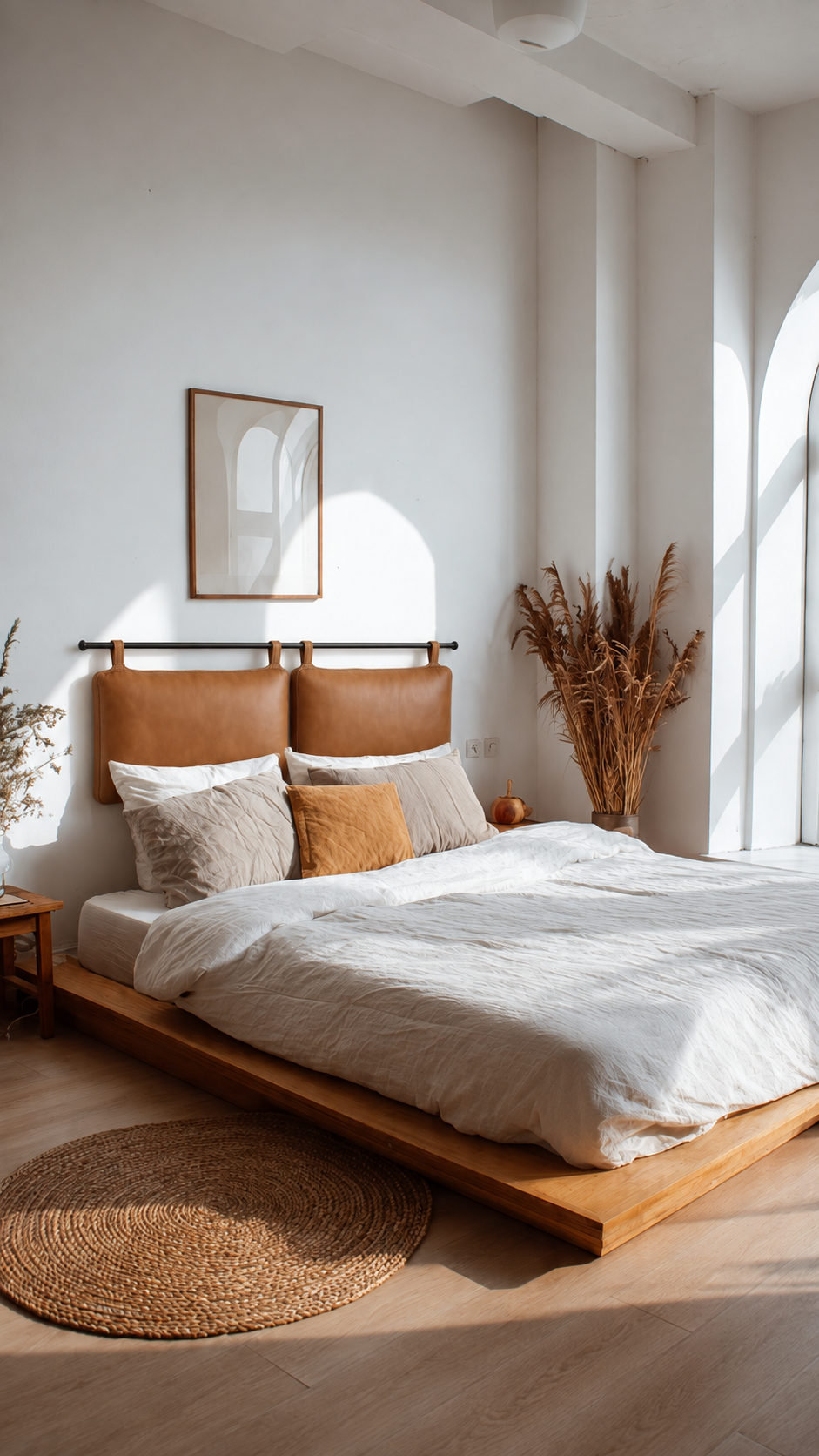 Handmade Double-Panel Caramel Leather Headboard