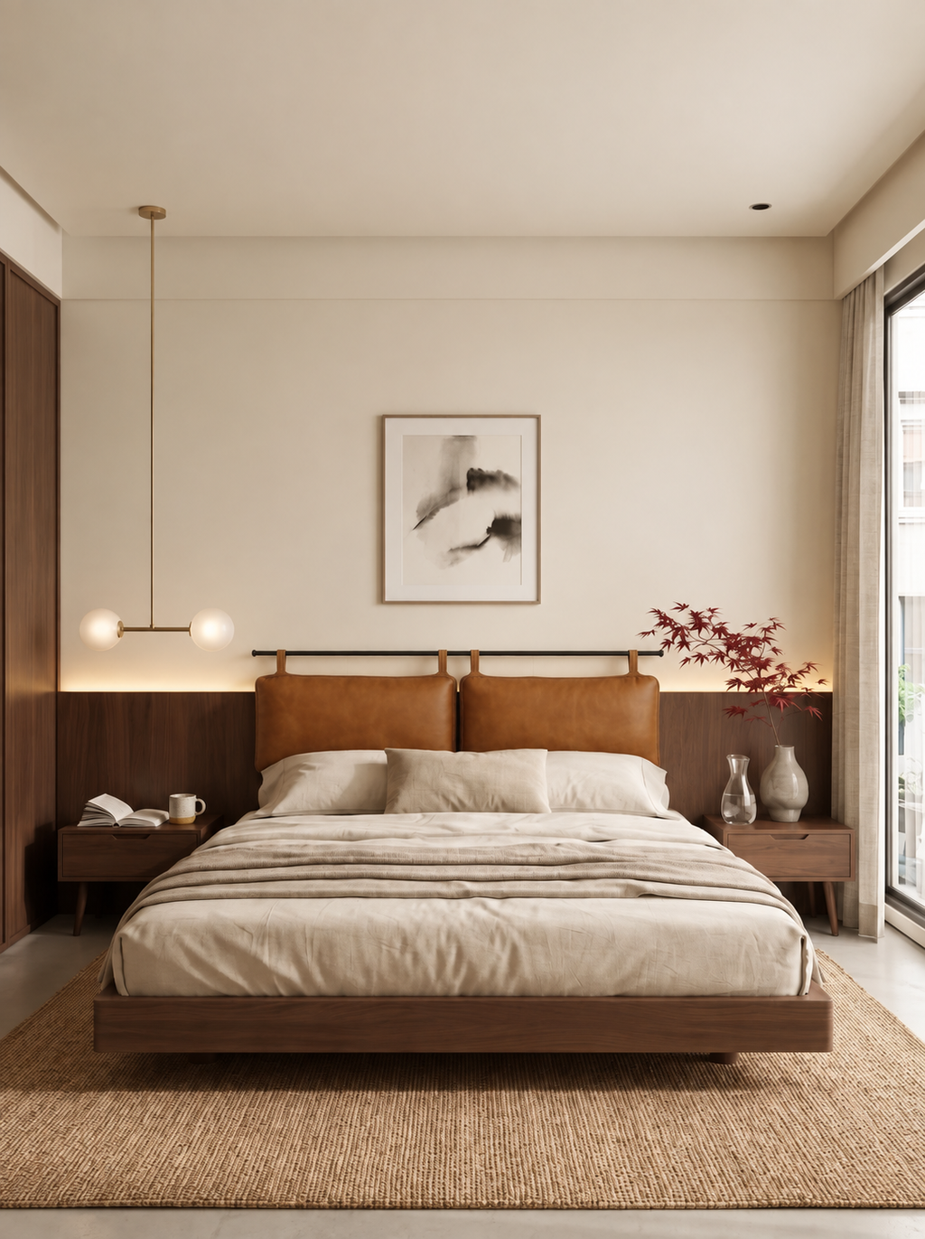 Handmade Double-Panel Caramel Leather Headboard
