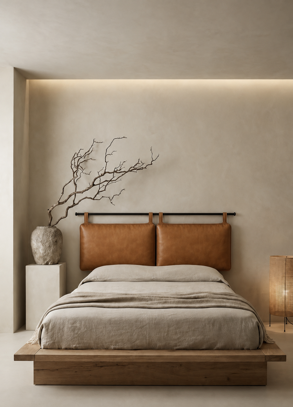 Handmade Double-Panel Caramel Leather Headboard