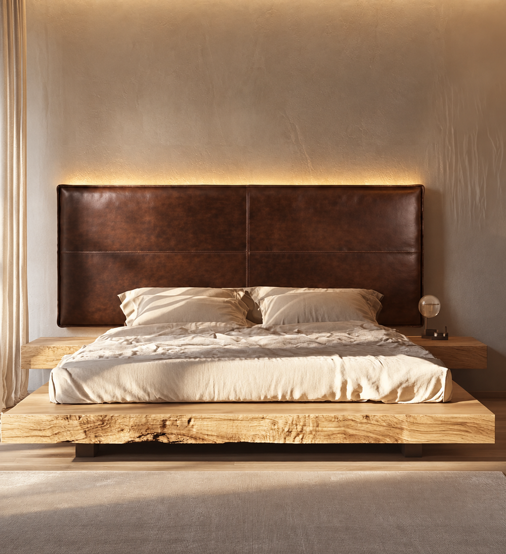 Handmade Dark Brown Leather Panel Headboard