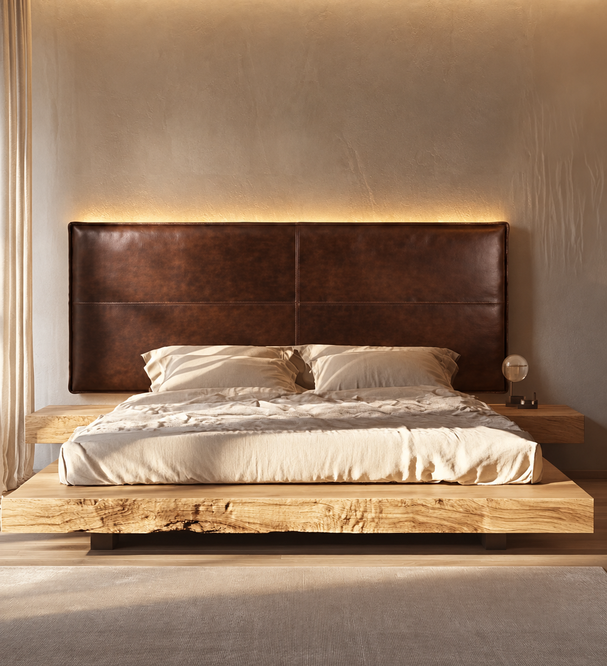 Handmade Dark Brown Leather Panel Headboard