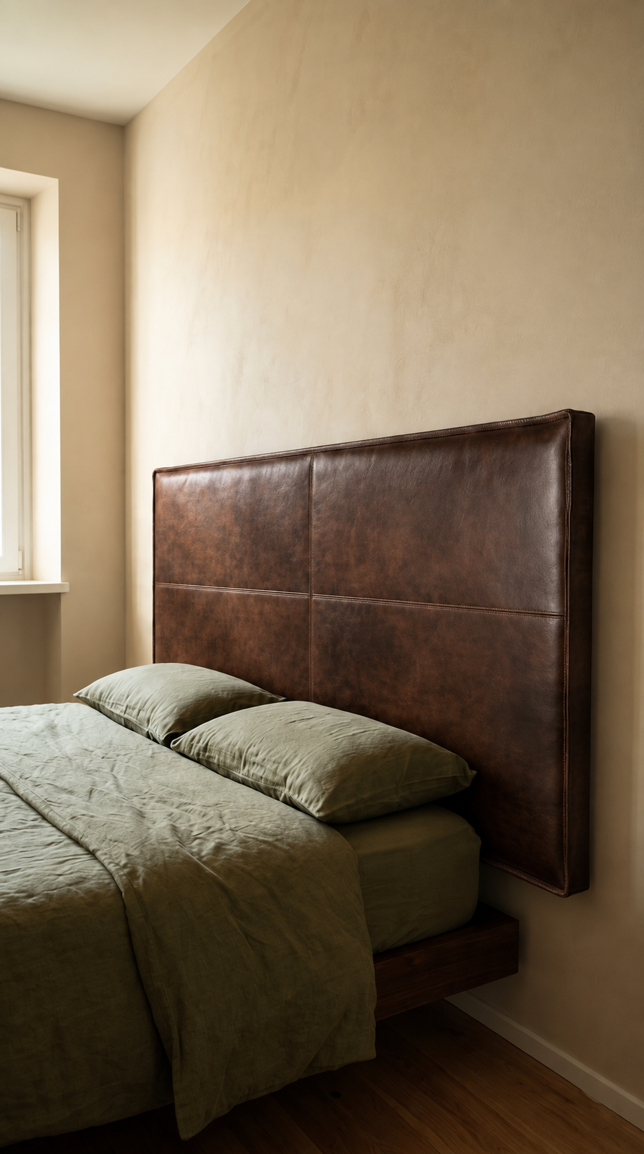 Handmade Dark Brown Leather Panel Headboard