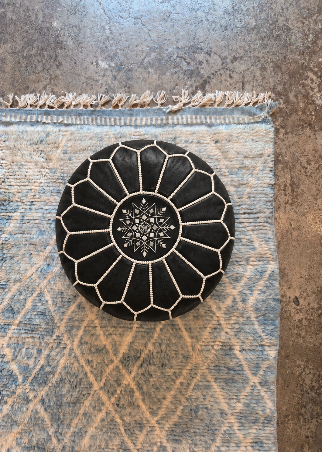 Handmade Moroccan Leather Pouf Ottoman – Black