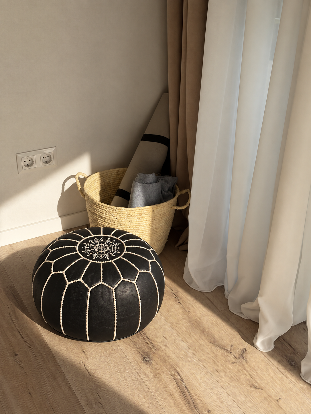 Handmade Moroccan Leather Pouf Ottoman – Natural