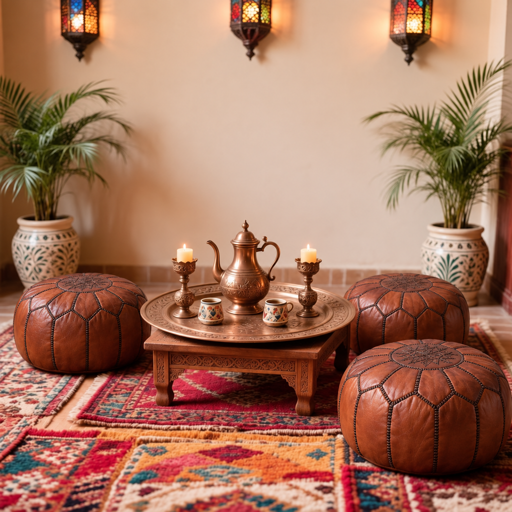 Handmade Moroccan Leather Pouf Ottoman – Cinnamon Brown