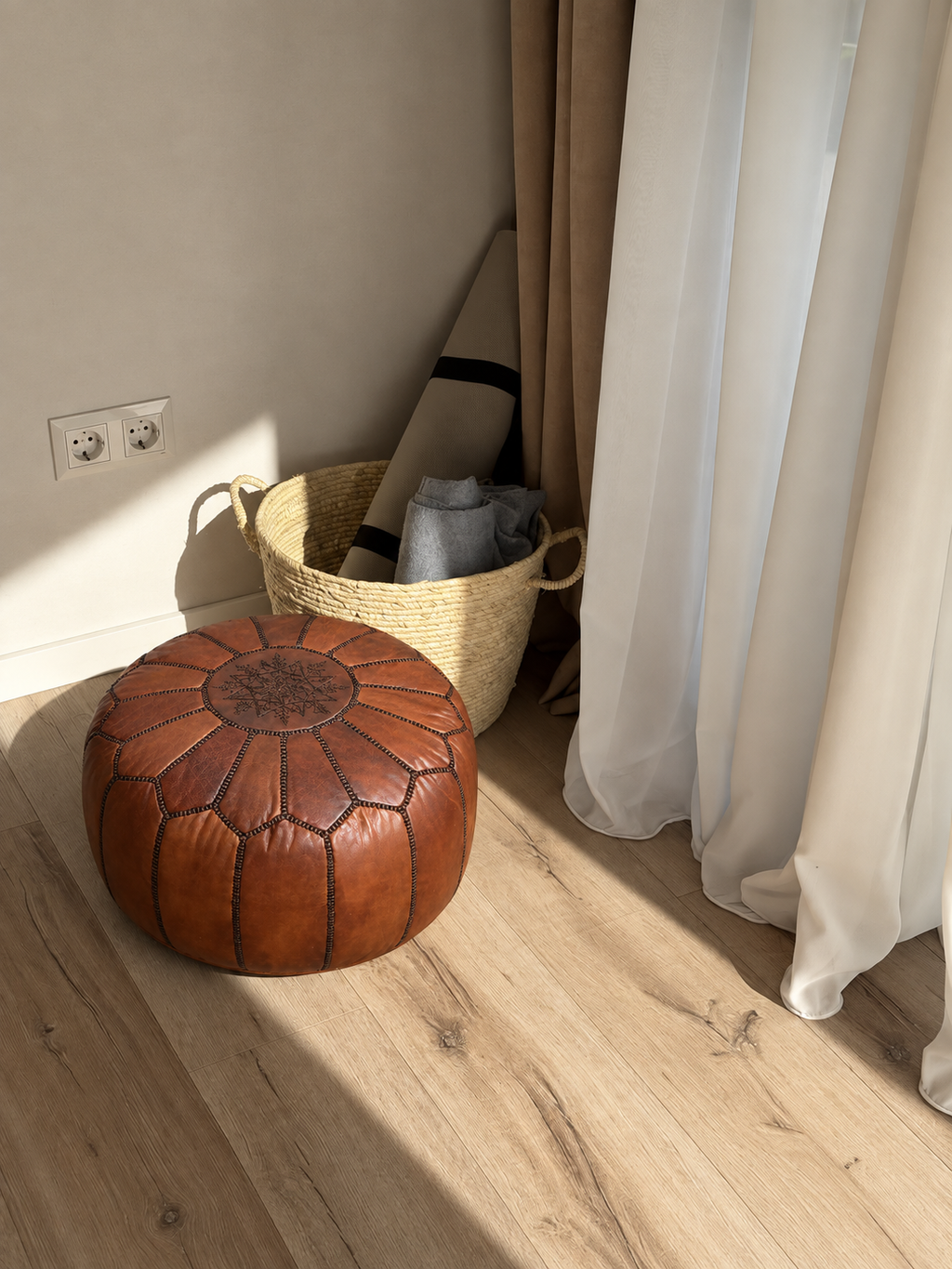 Handmade Moroccan Leather Pouf Ottoman – Cinnamon Brown
