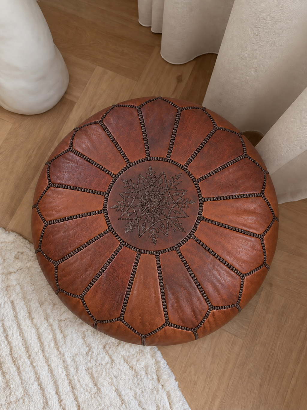 Handmade Moroccan Leather Pouf Ottoman – Cinnamon Brown