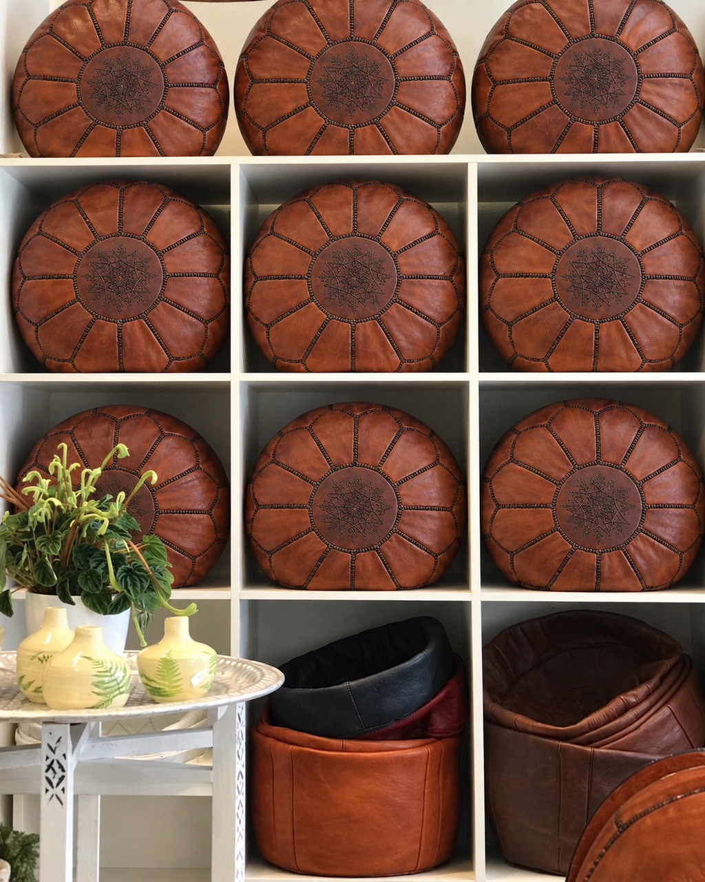 Handmade Moroccan Leather Pouf Ottoman – Cinnamon Brown