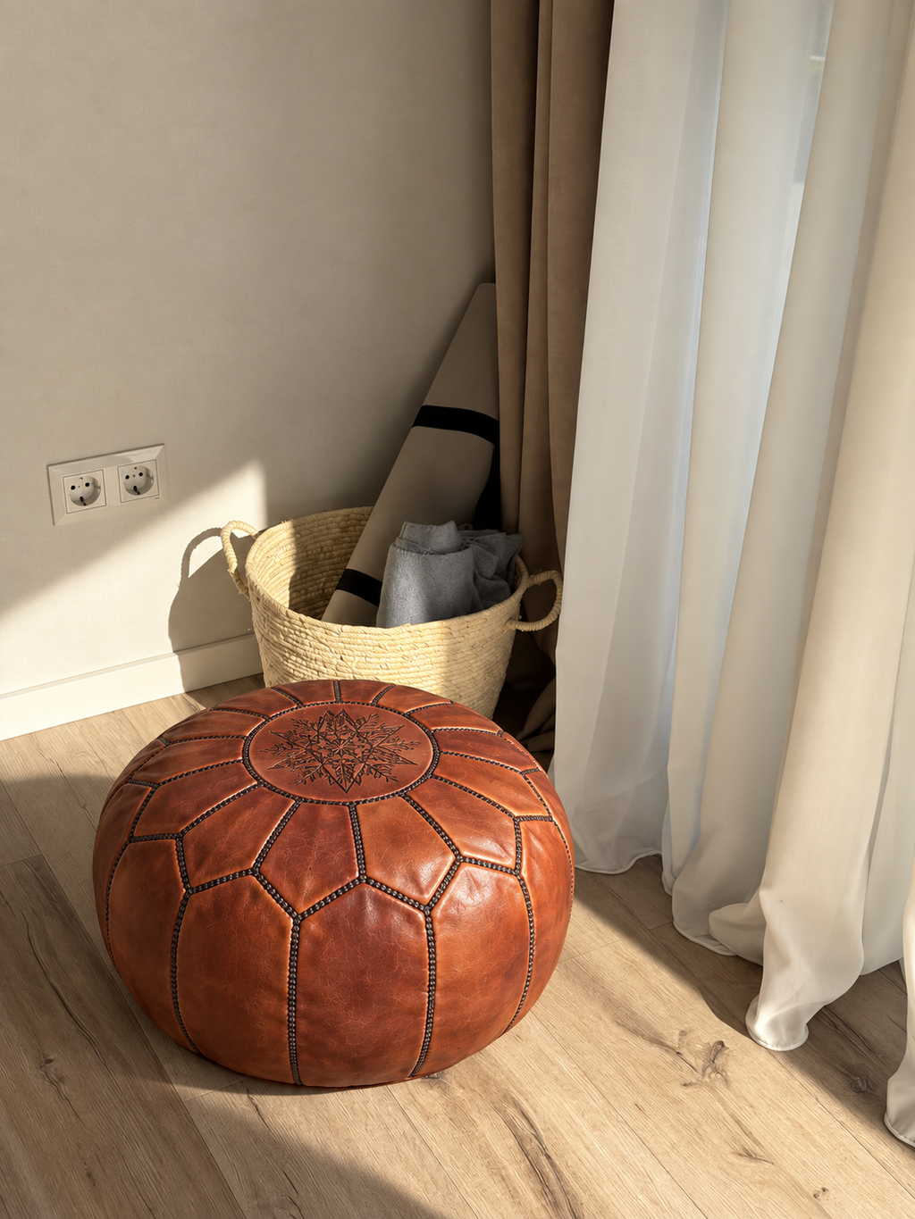 Handmade Moroccan Leather Pouf Ottoman – Cinnamon Brown