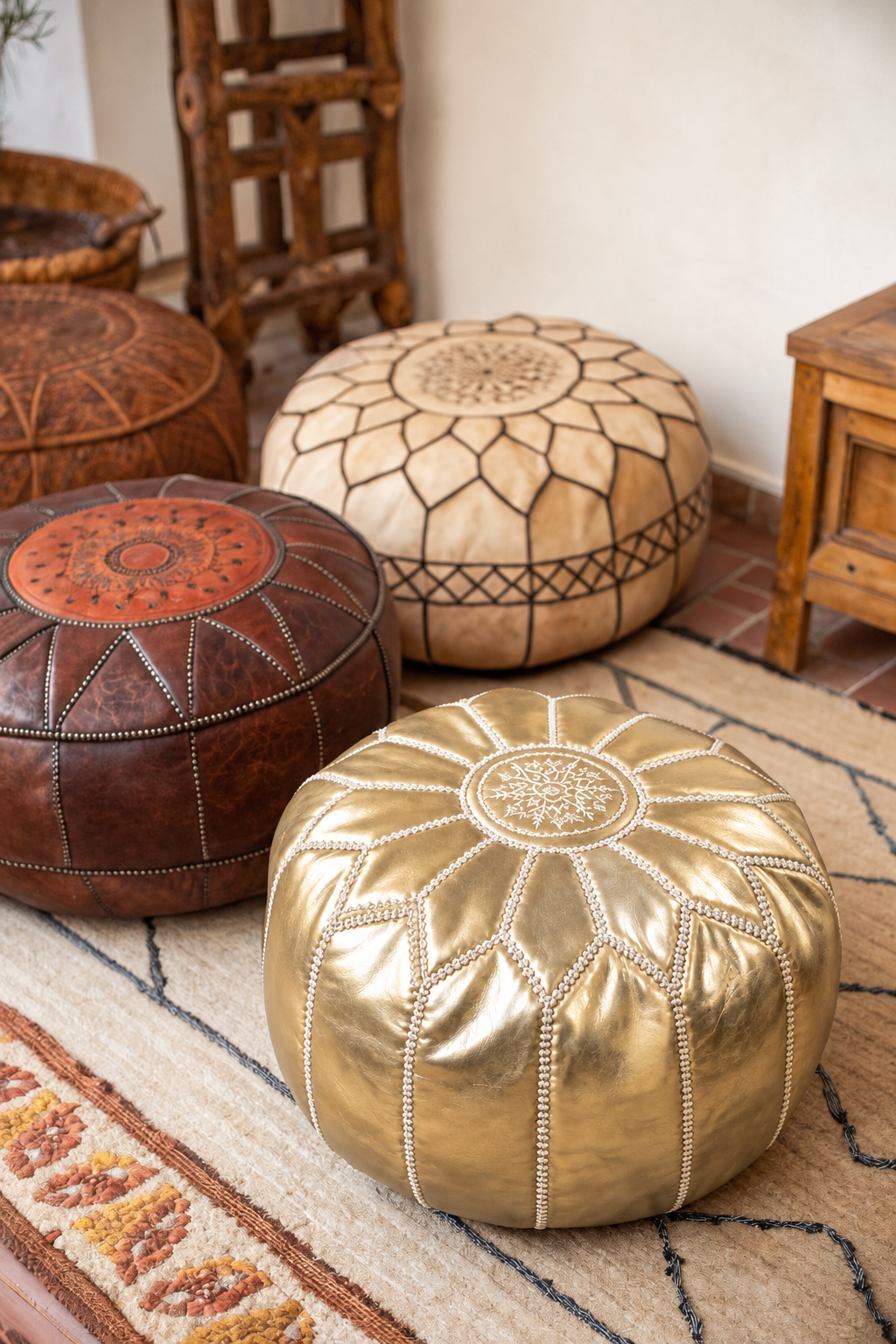 Handmade Moroccan Leather Pouf Cover – Natural
