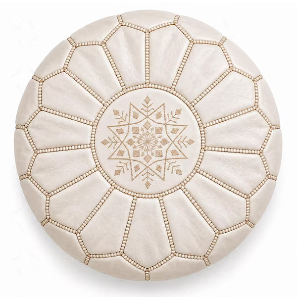 Handmade Moroccan Leather Pouf Ottoman – White