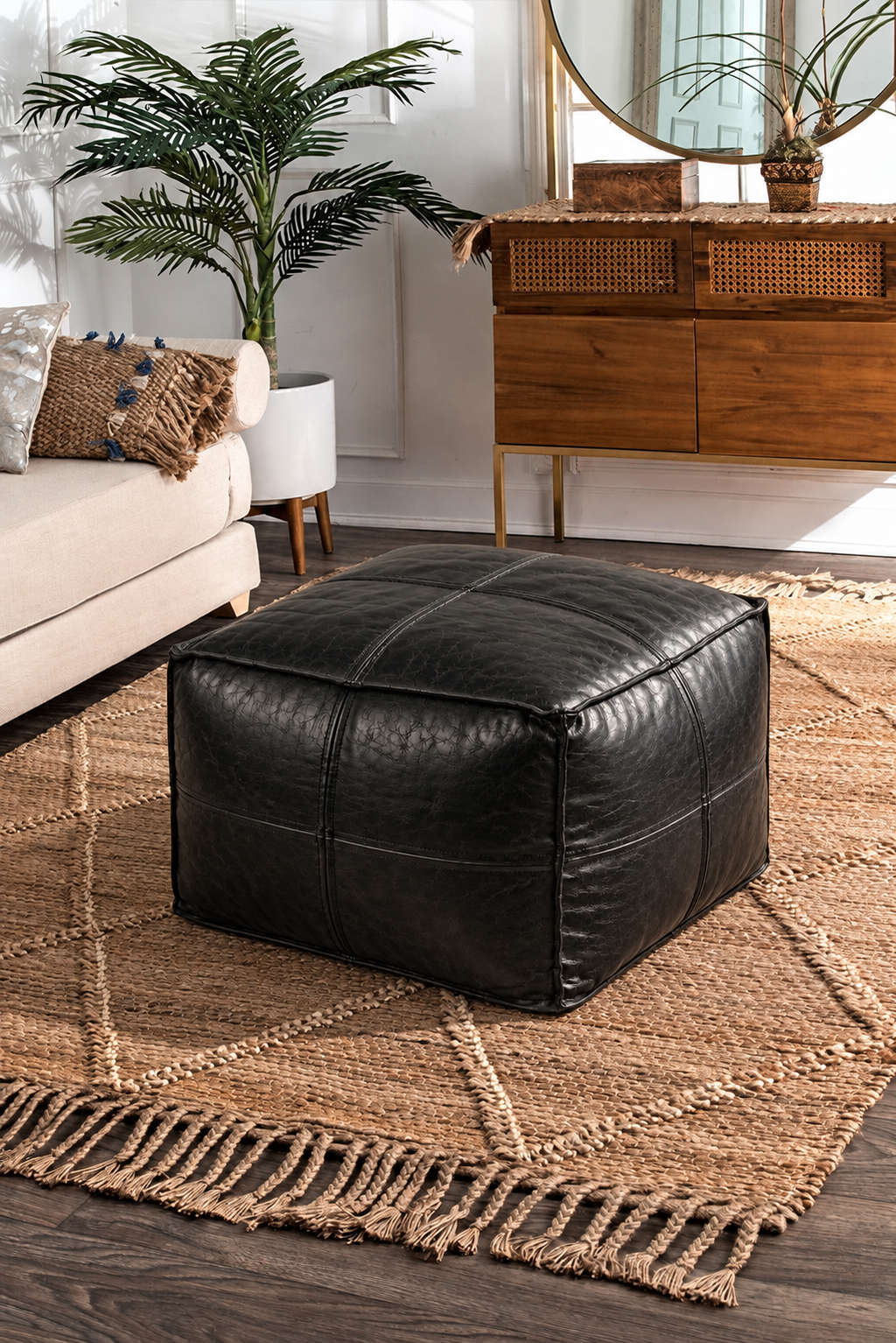 Handmade Moroccan Leather Pouf Ottoman – Black