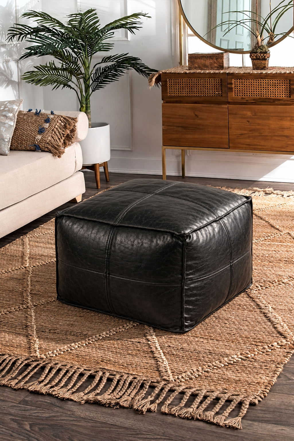 Handmade Moroccan Leather Pouf Ottoman – Black