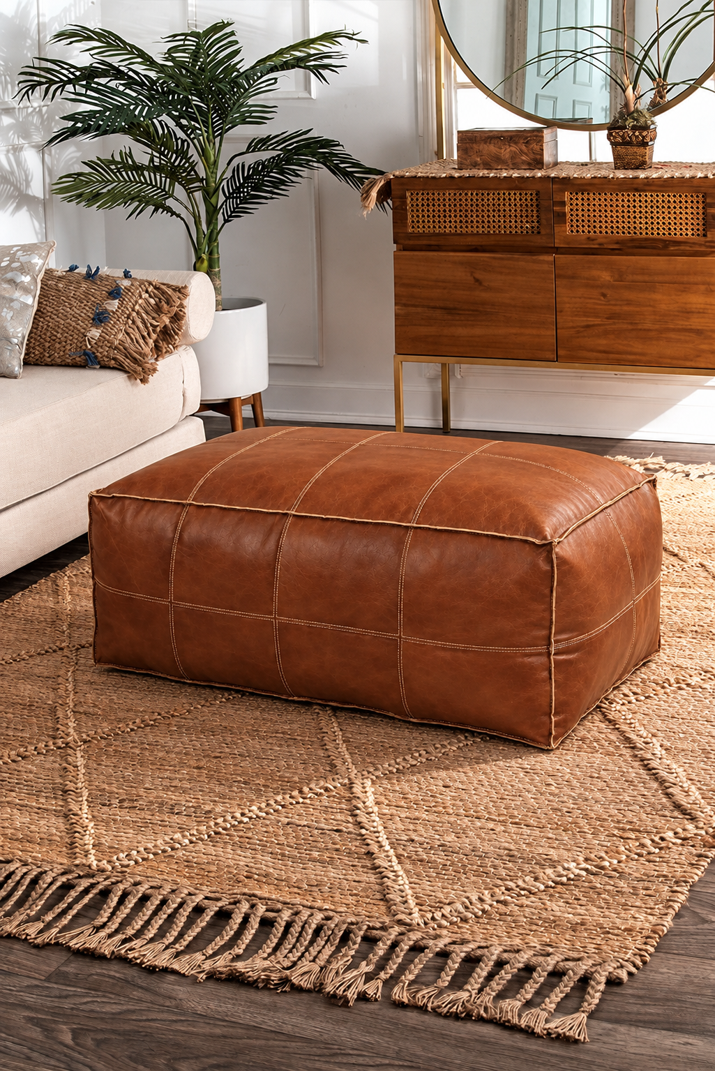 Handmade Moroccan Leather Pouf Ottoman – Dark Brown