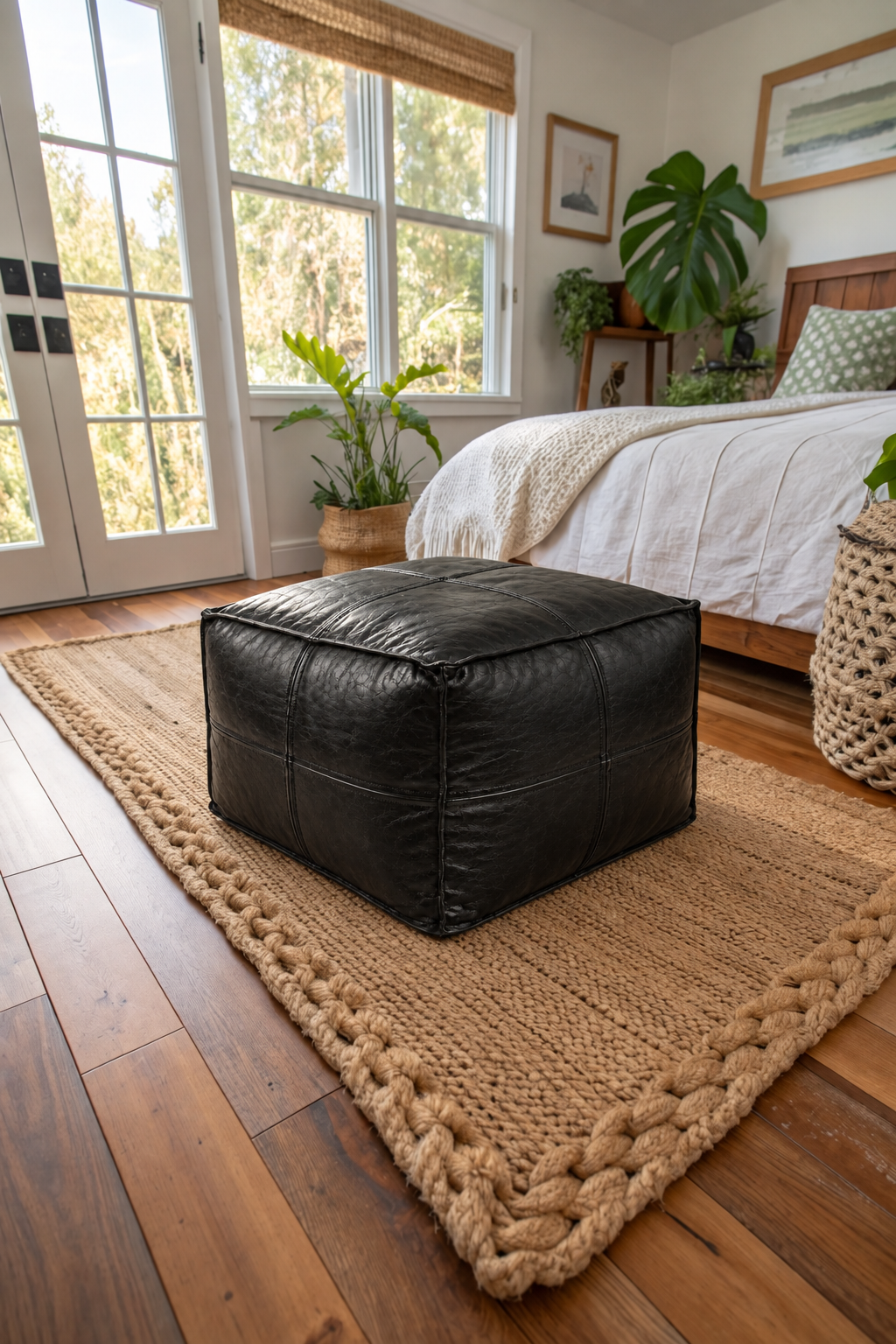 Handmade Moroccan Leather Pouf Ottoman – Black