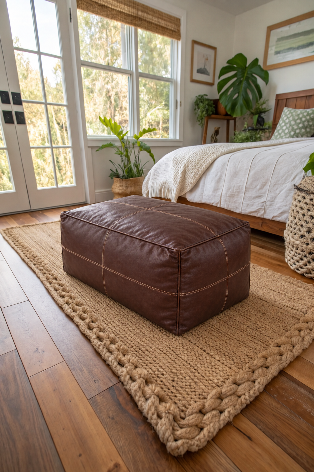 Handmade Moroccan Leather Pouf Ottoman – Dark Brown