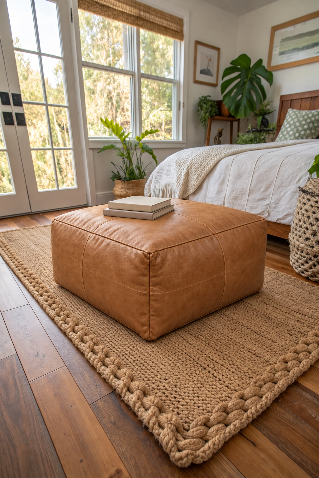 Handmade Moroccan Leather Pouf Ottoman – Light Brown