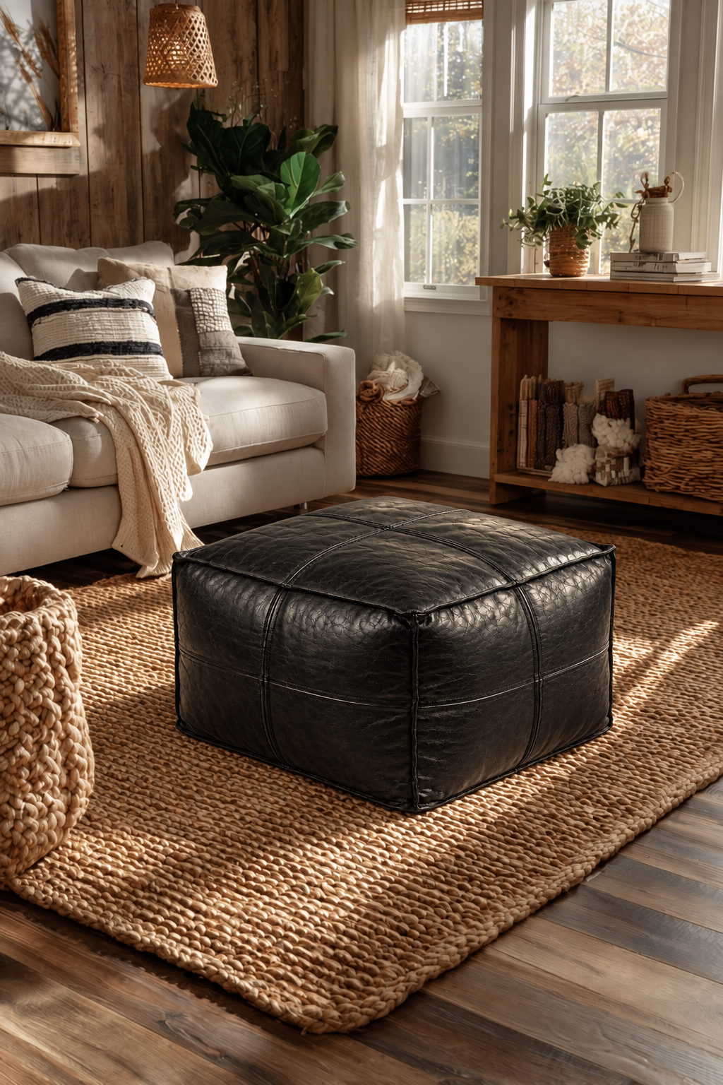 Handmade Moroccan Leather Pouf Ottoman – Black