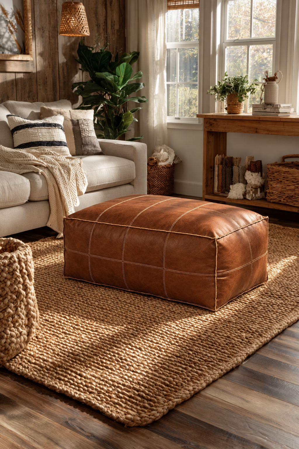 Handmade Moroccan Leather Pouf Ottoman – Dark Brown