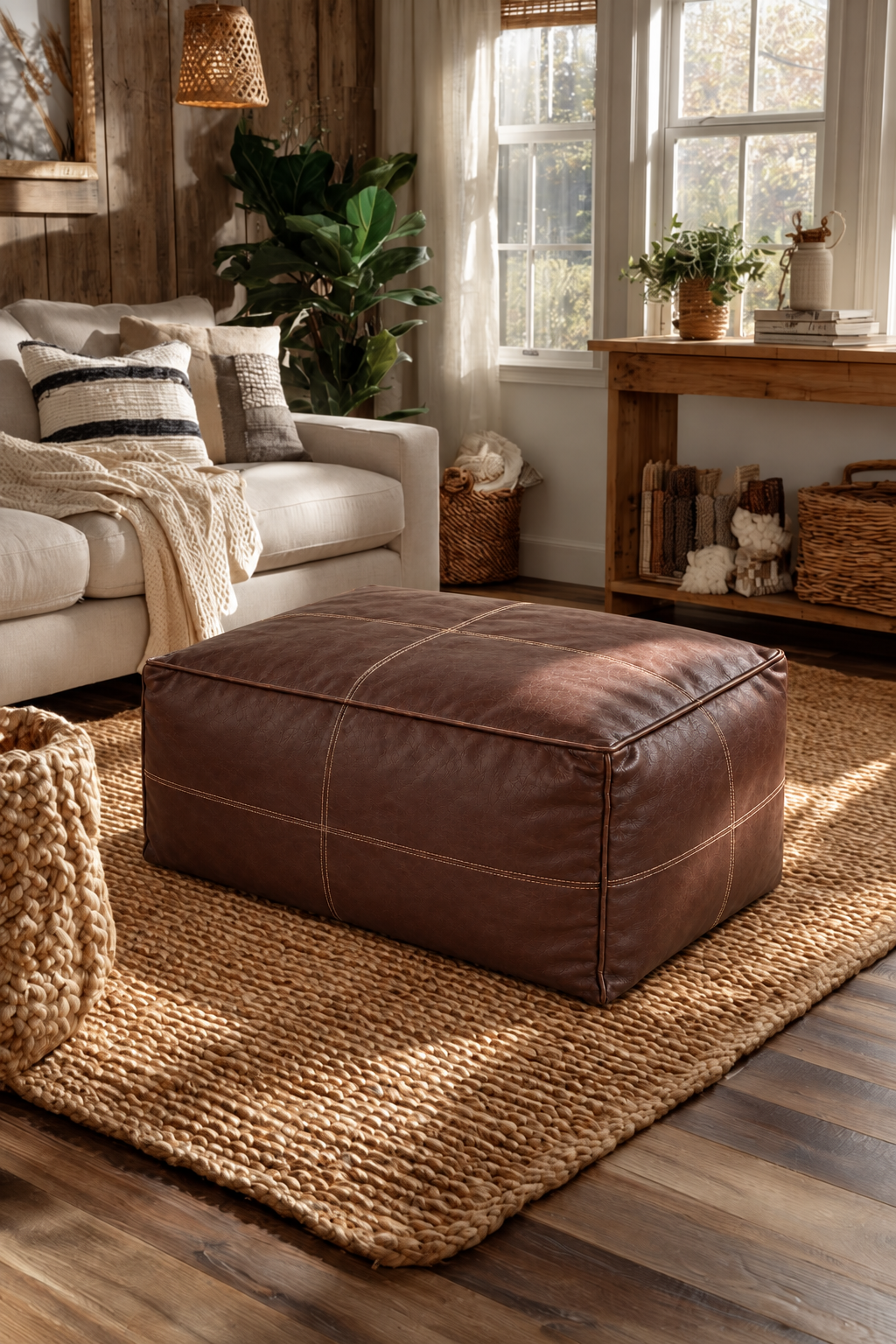 Handmade Moroccan Leather Pouf Ottoman – Dark Brown