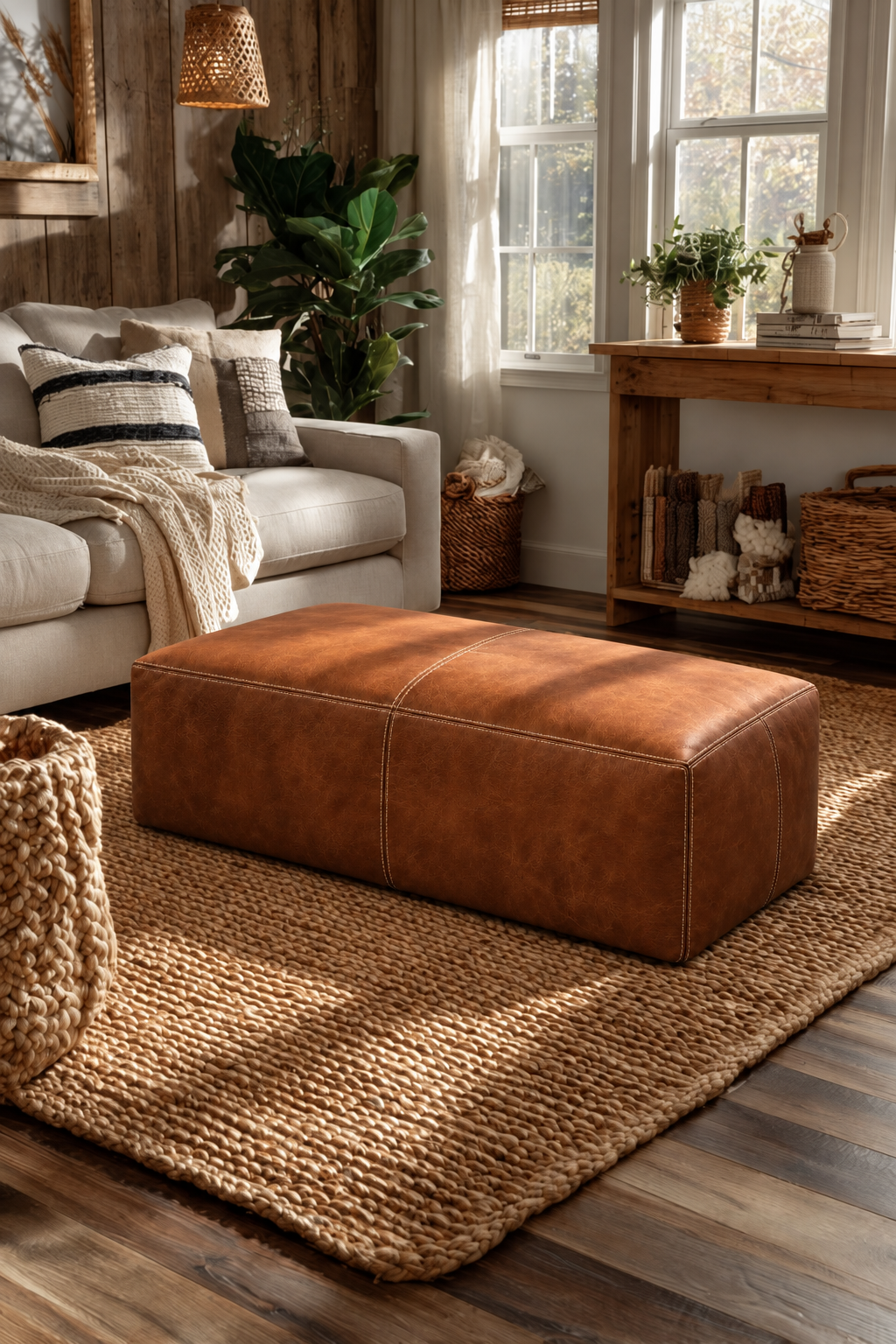 Handmade Moroccan Leather Pouf Ottoman – Dark Brown