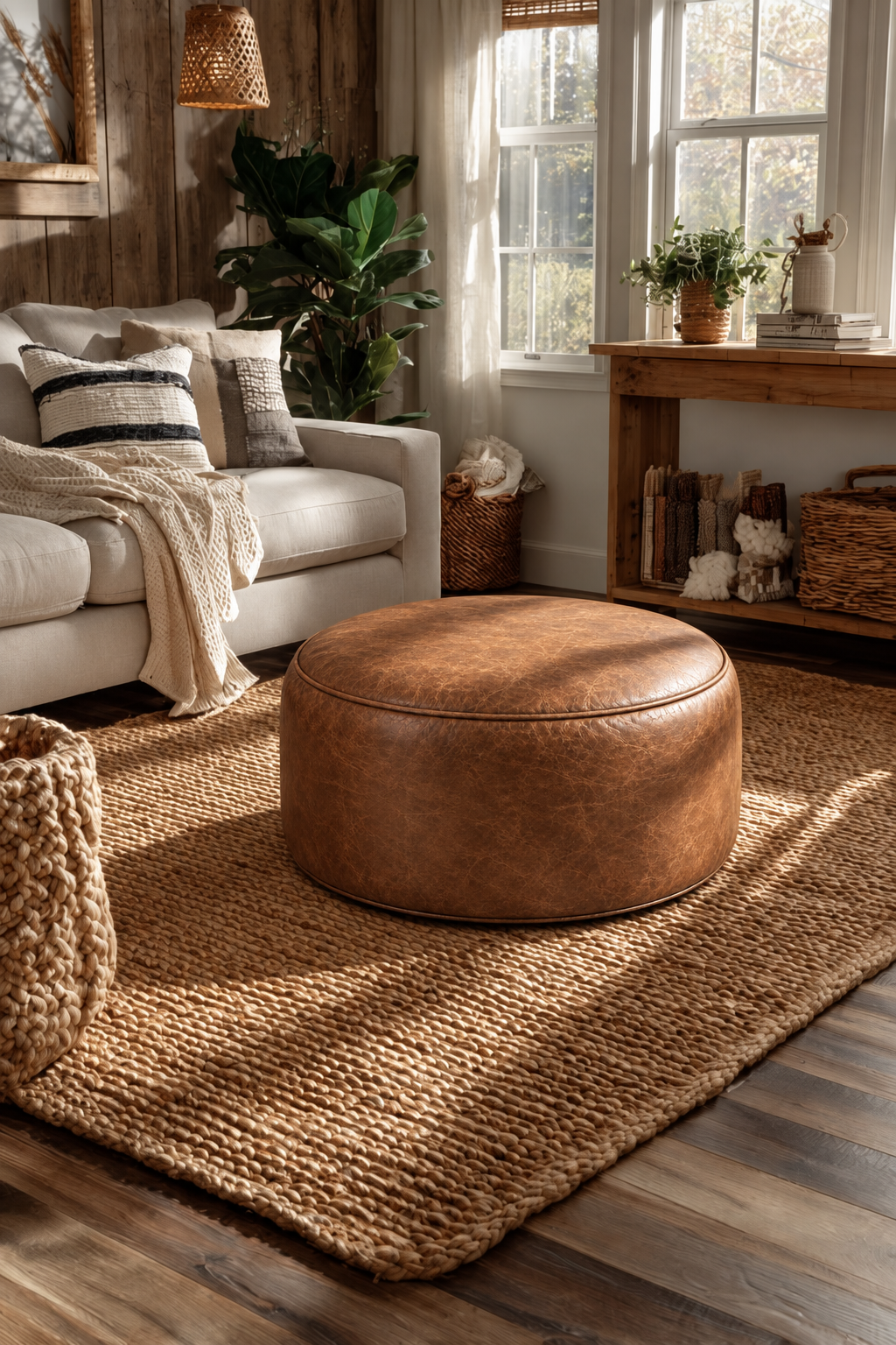 Handmade Moroccan Leather Pouf Ottoman – Brown