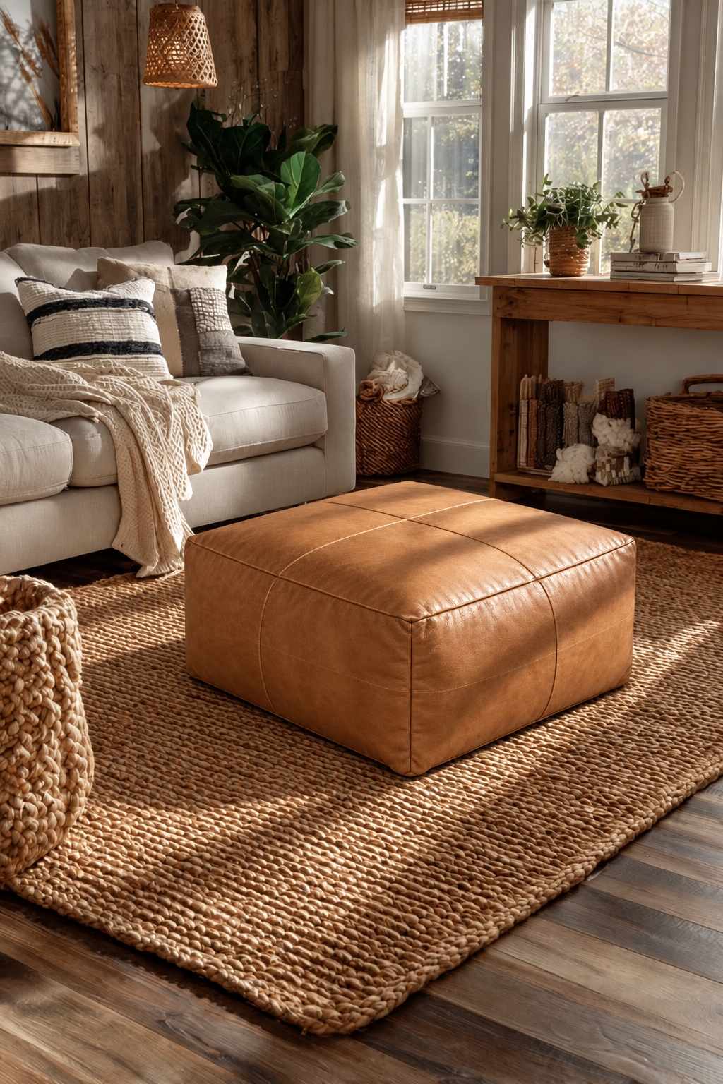 Handmade Moroccan Leather Pouf Ottoman – Light Brown