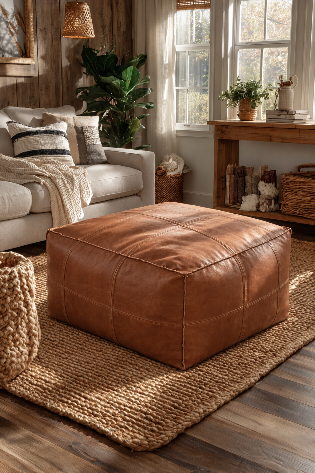 Handmade Moroccan Leather Pouf Ottoman – Dark Brown