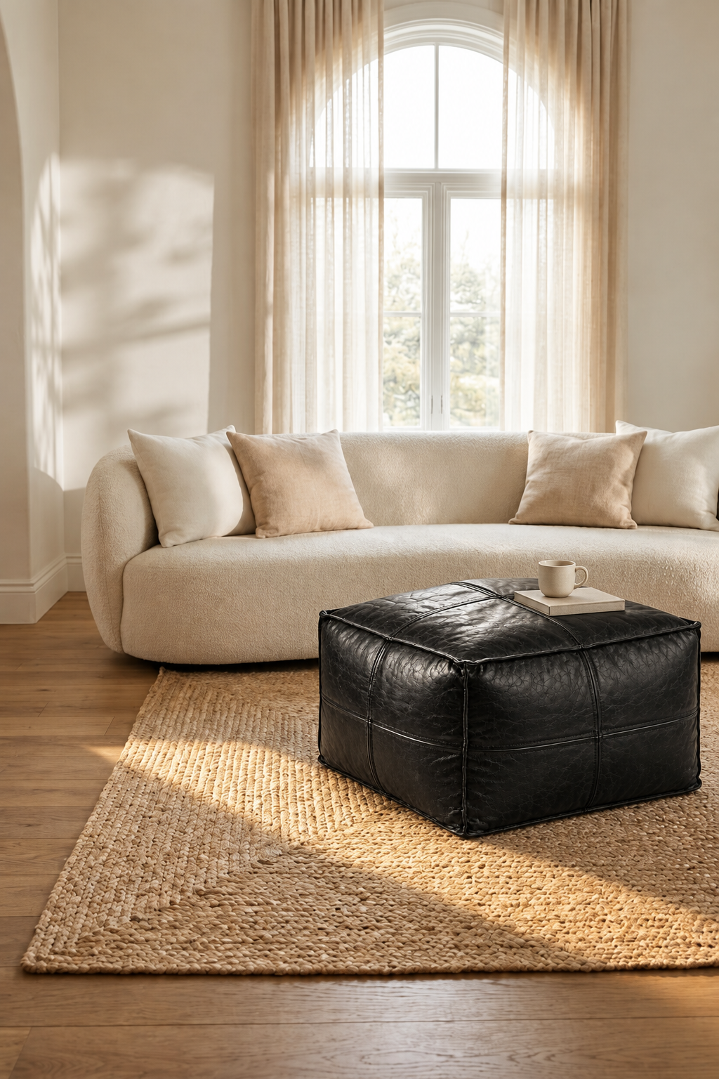 Handmade Moroccan Leather Pouf Ottoman – Black