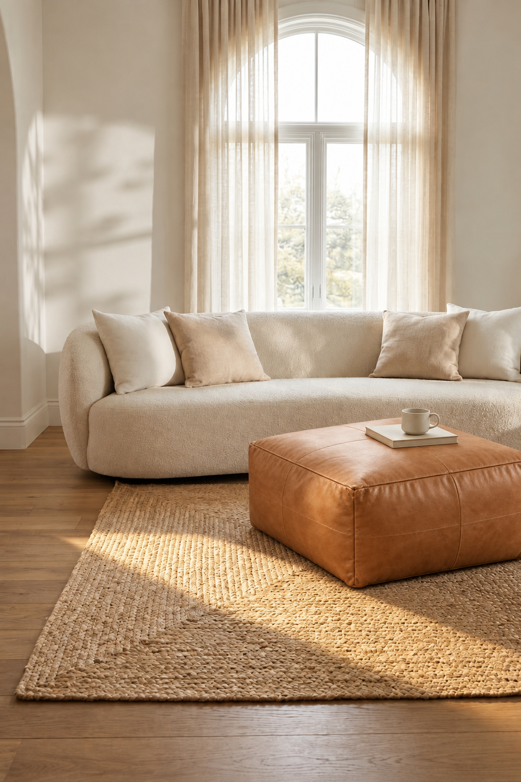 Handmade Moroccan Leather Pouf Ottoman – Light Brown