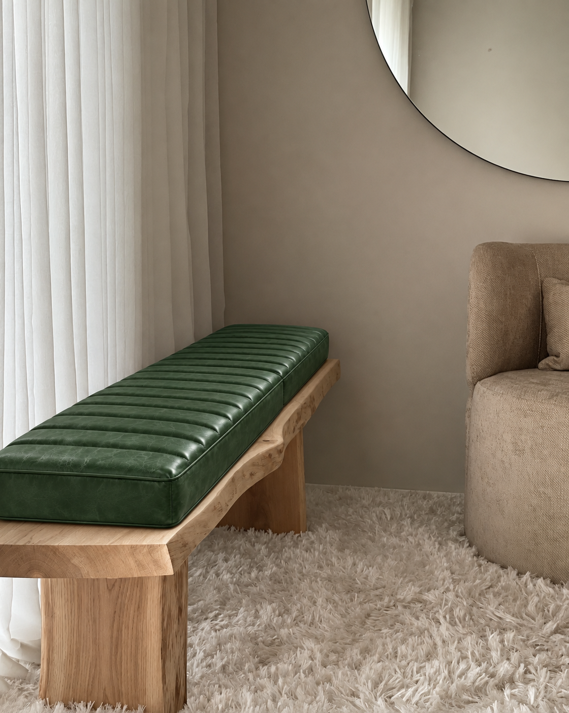 Leather Bench Cushion - Green and Unstuffed
