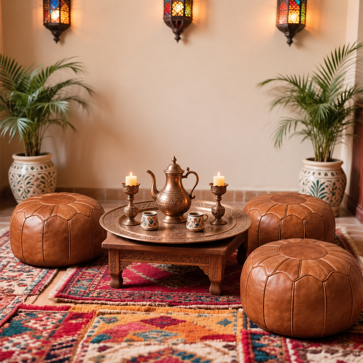 Handmade Moroccan Leather Pouf Ottoman – Natural