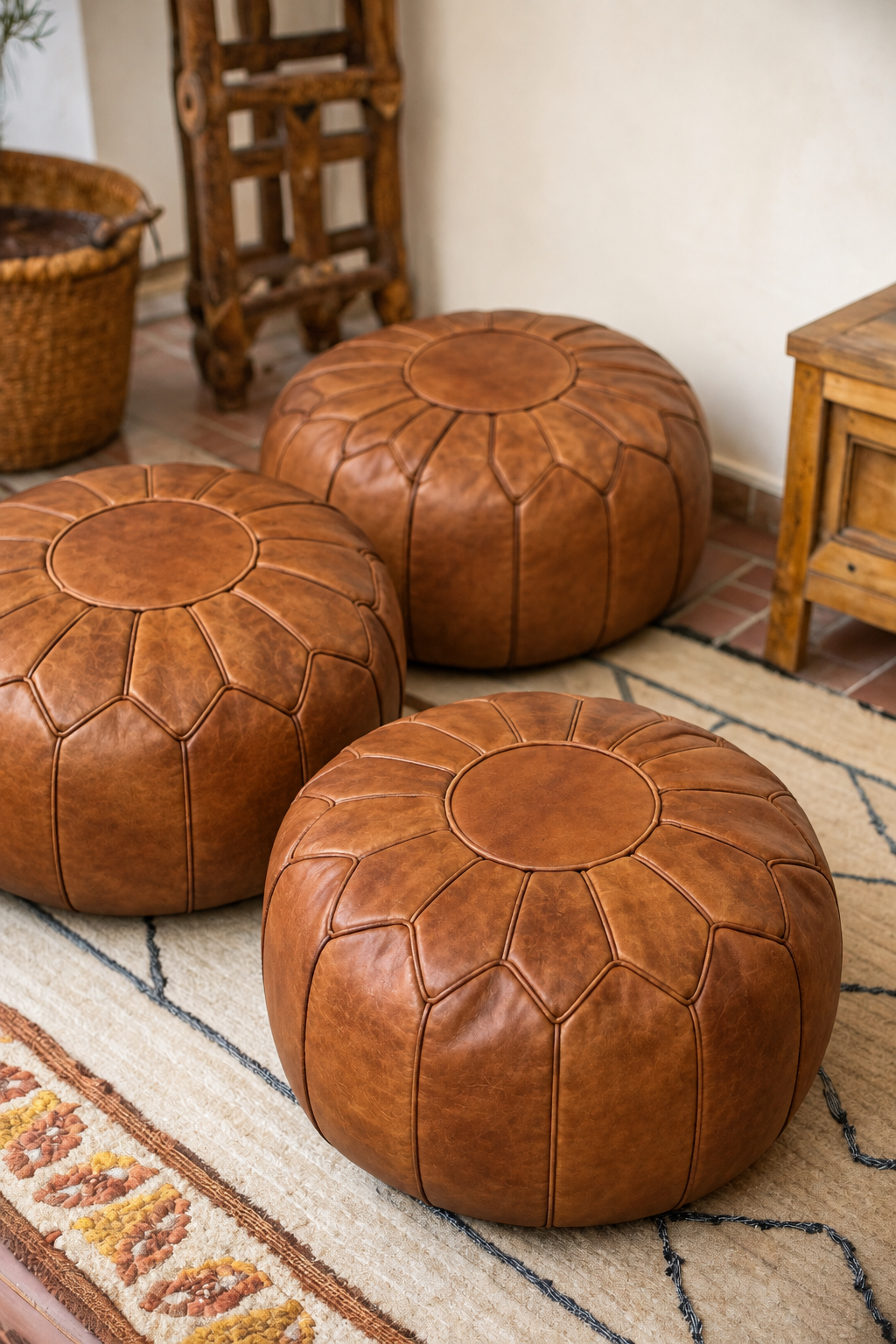 Handmade Moroccan Leather Pouf Ottoman – Natural