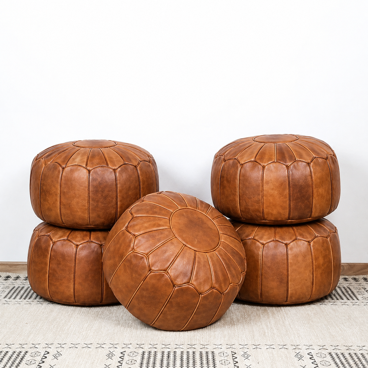 Handmade Moroccan Leather Pouf Ottoman – Natural