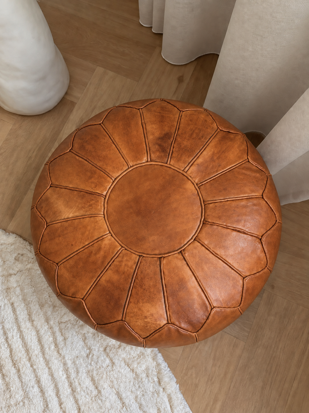 Handmade Moroccan Leather Pouf Ottoman – Natural