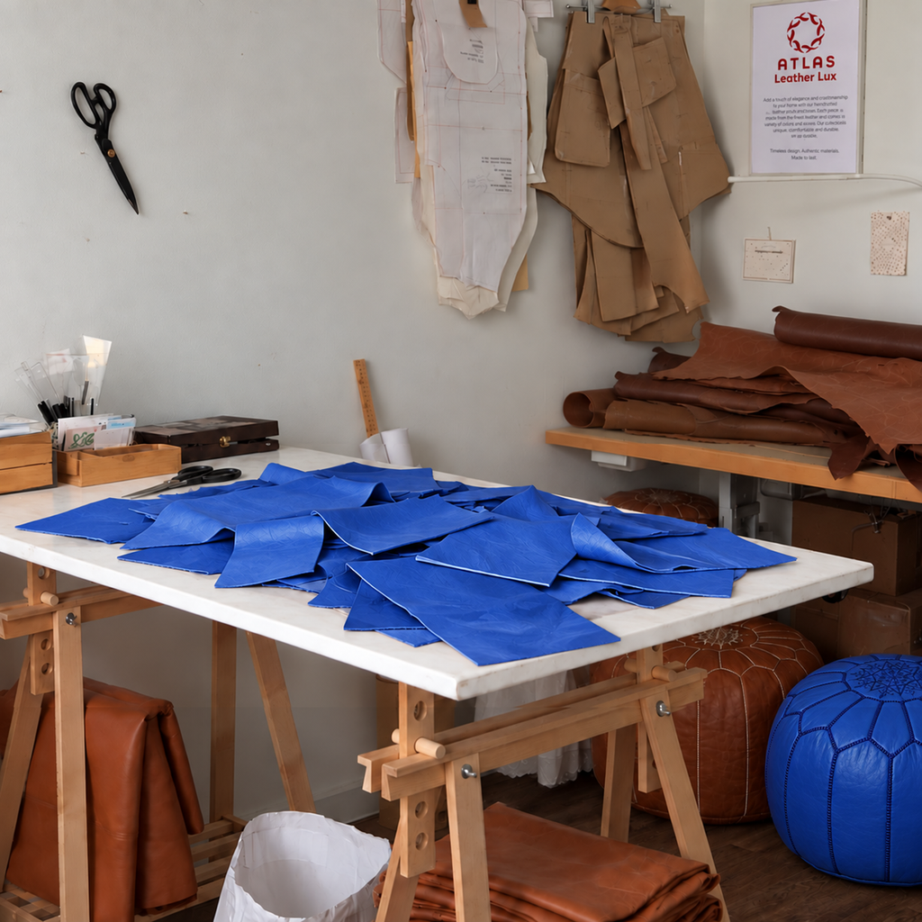 Handmade Moroccan Leather Pouf Ottoman – Blue