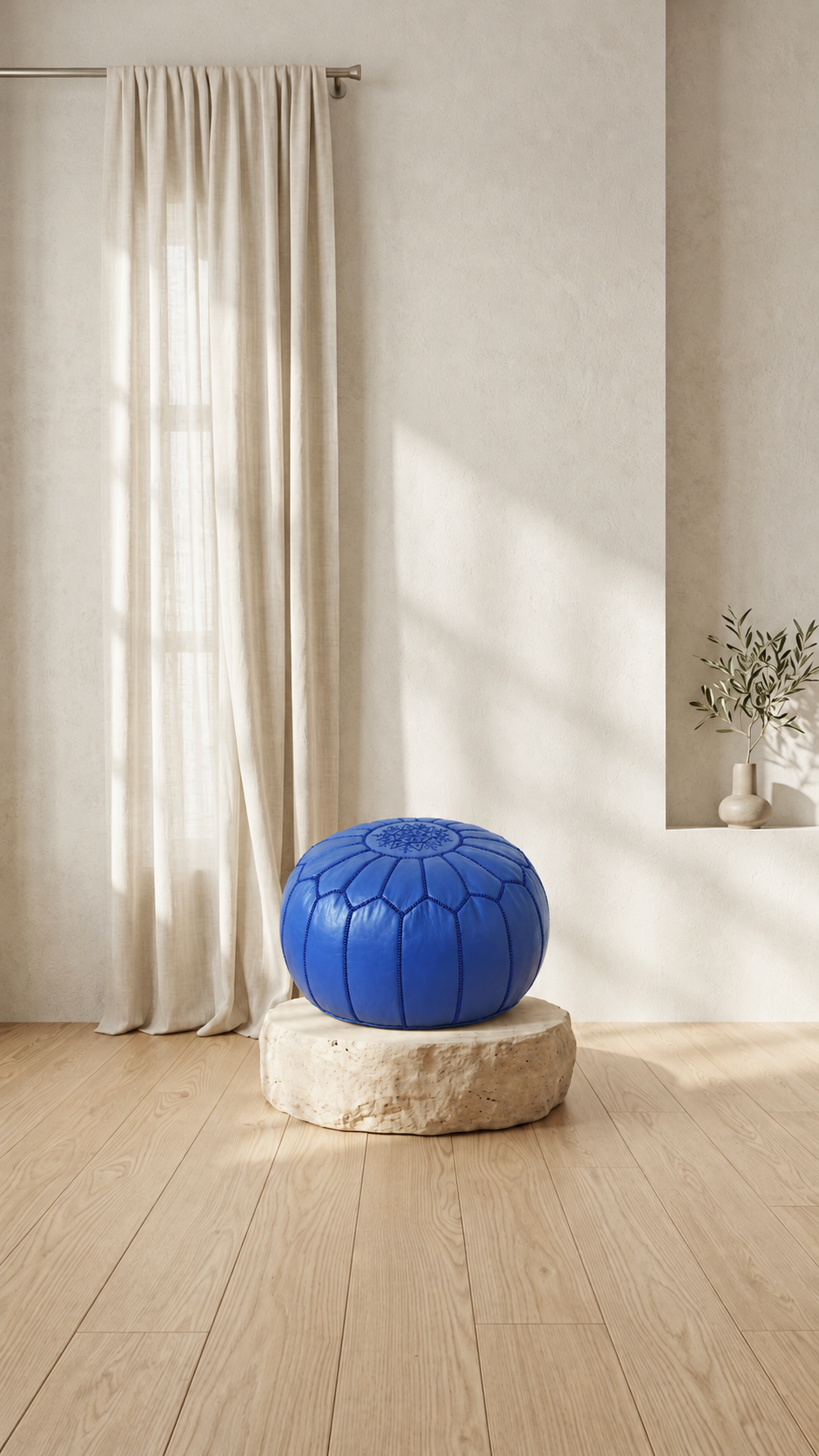 Handmade Moroccan Leather Pouf Ottoman – Blue