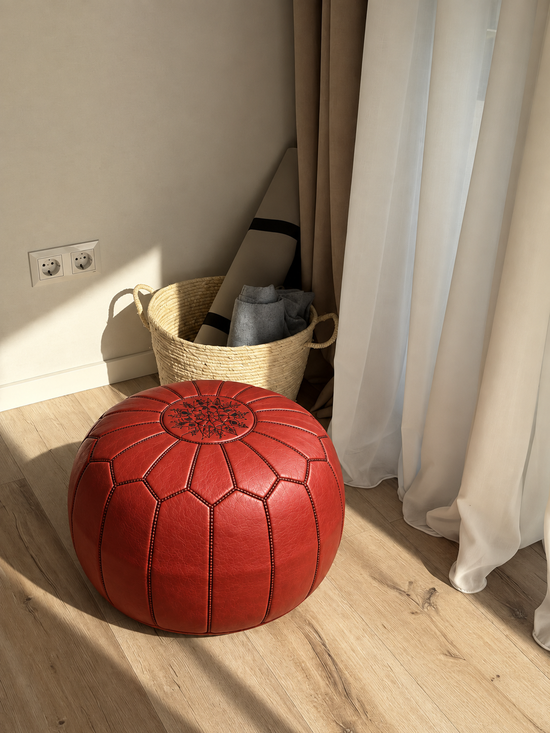 Handmade Moroccan Leather Pouf Ottoman – Red