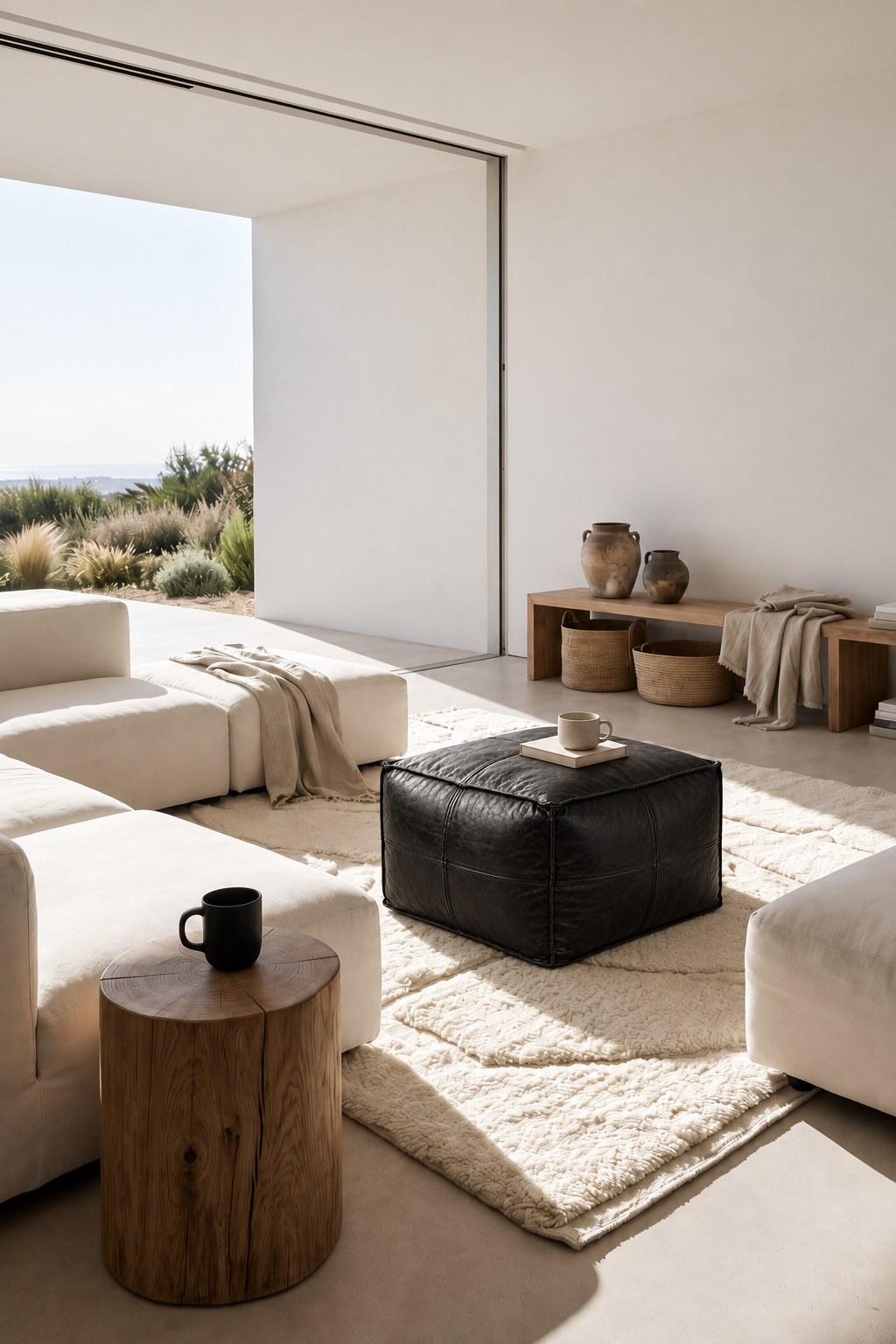 Handmade Moroccan Leather Pouf Ottoman – Black
