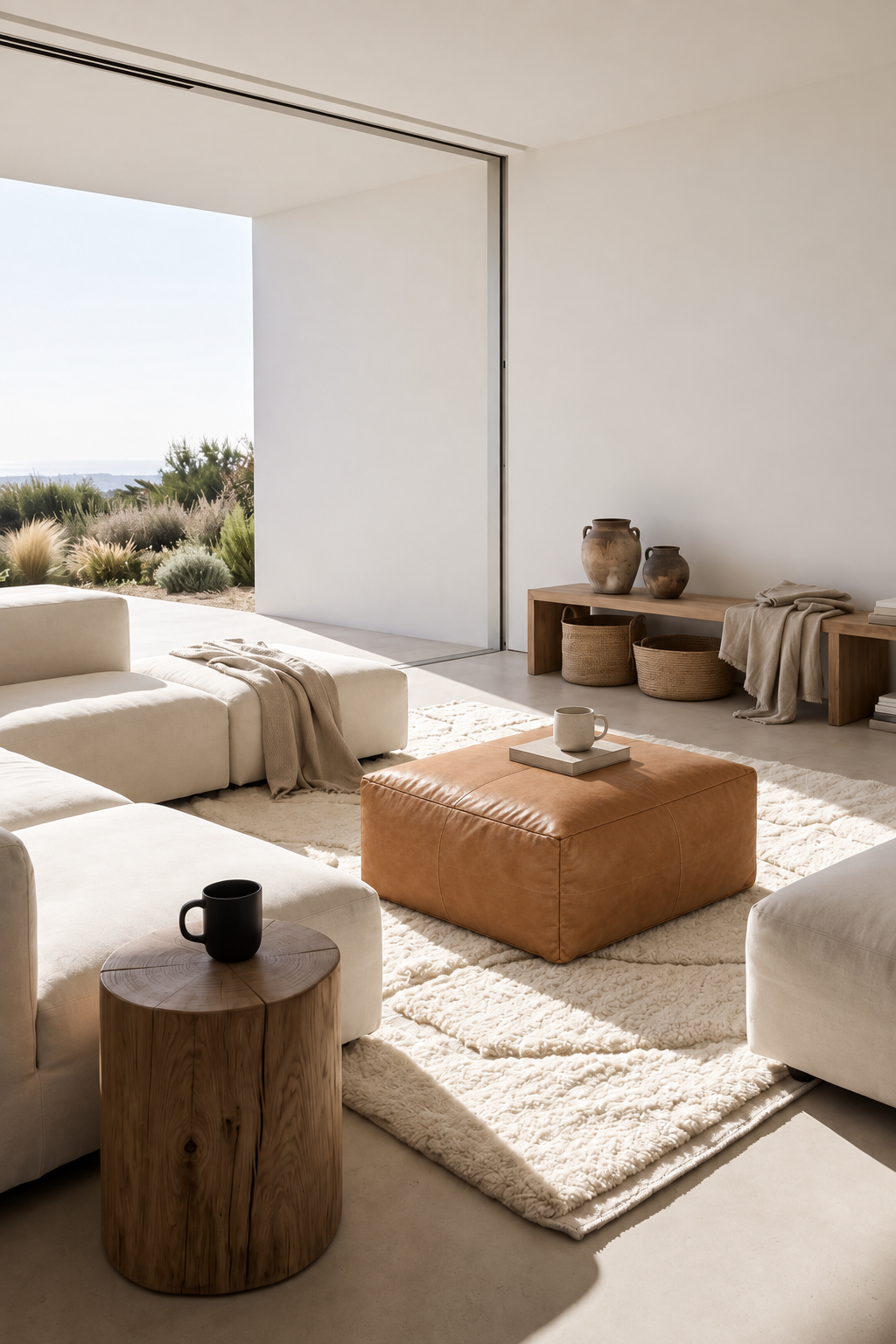 Handmade Moroccan Leather Pouf Ottoman – Light Brown