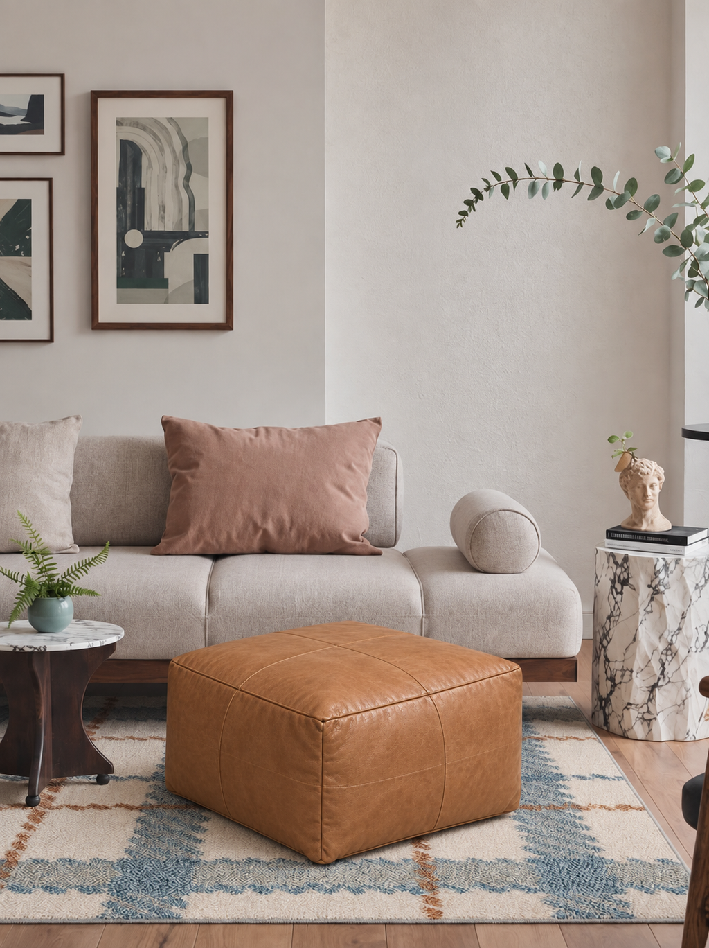 Handmade Moroccan Leather Pouf Ottoman – Light Brown