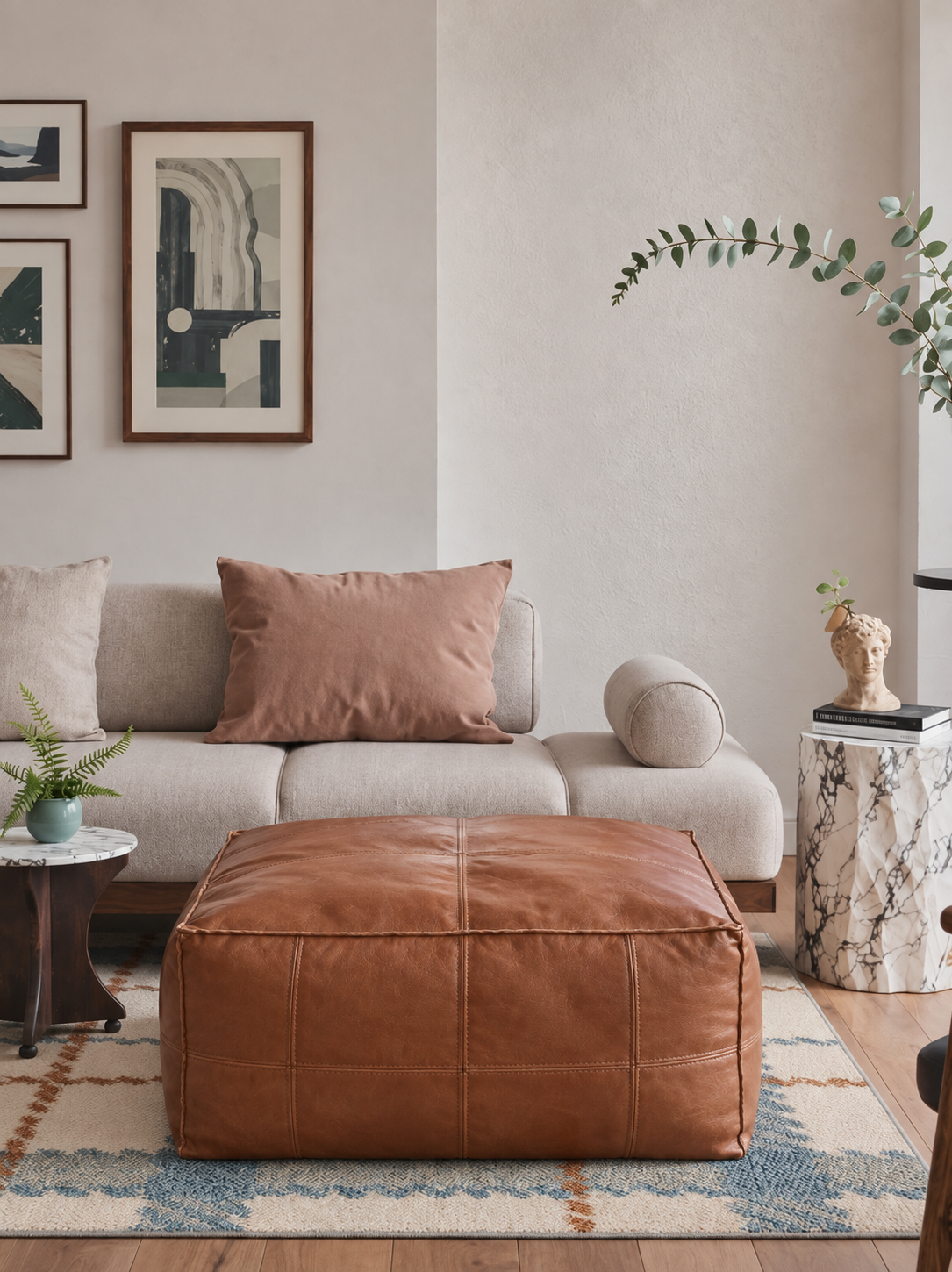 Handmade Moroccan Leather Pouf Ottoman – Dark Brown