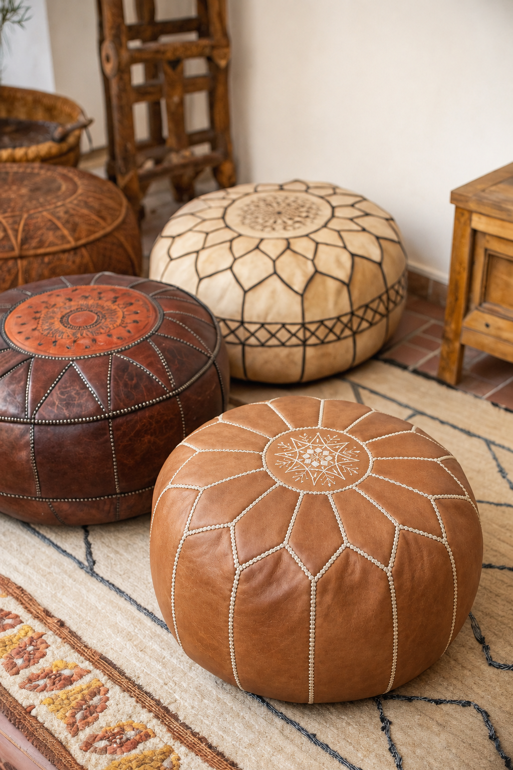Handmade Moroccan Leather Pouf Ottoman – Brown