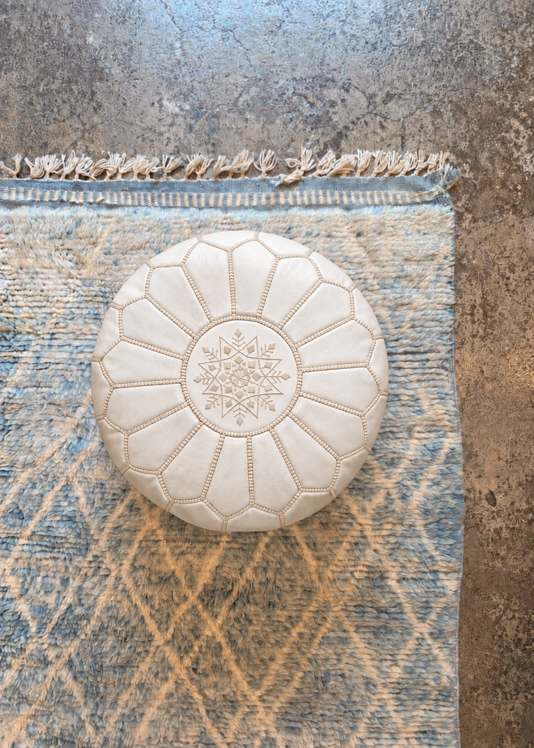 Handmade Moroccan Leather Pouf Ottoman – White