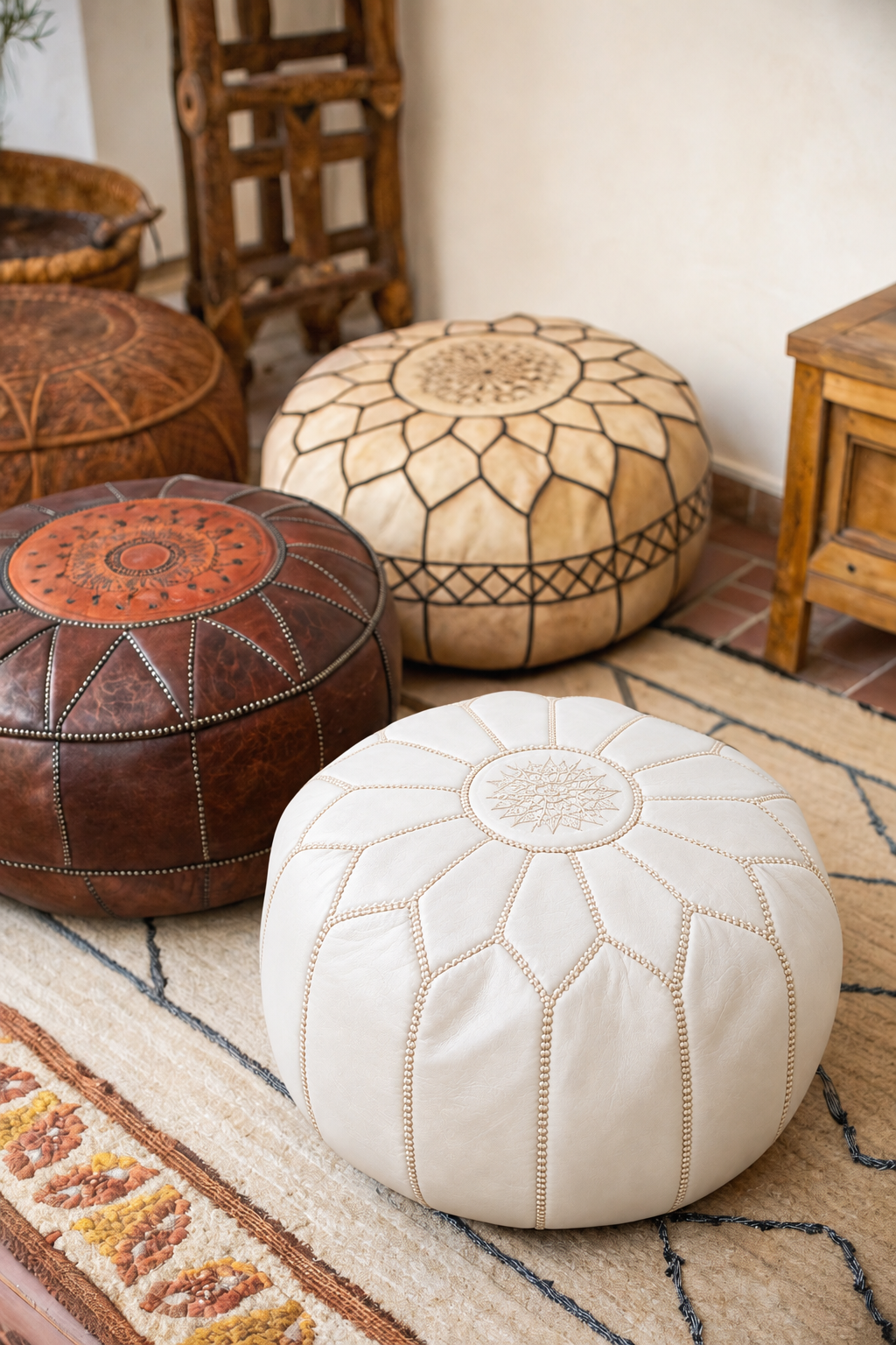 Handmade Moroccan Leather Pouf Ottoman – White